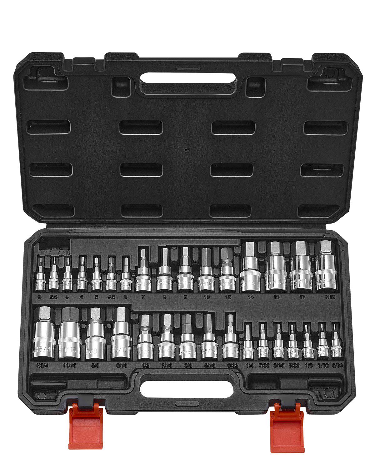 Hex Bit Socket Set, 32-Piece, S2 Alloy Steel and Cr-V Steel, Standard SAE and Metric, 1/4 in, 3/8 in, and 1/2 in Drives, with Enhanced Storage Case, Allen Socket Set for Mechanics, Auto Repair