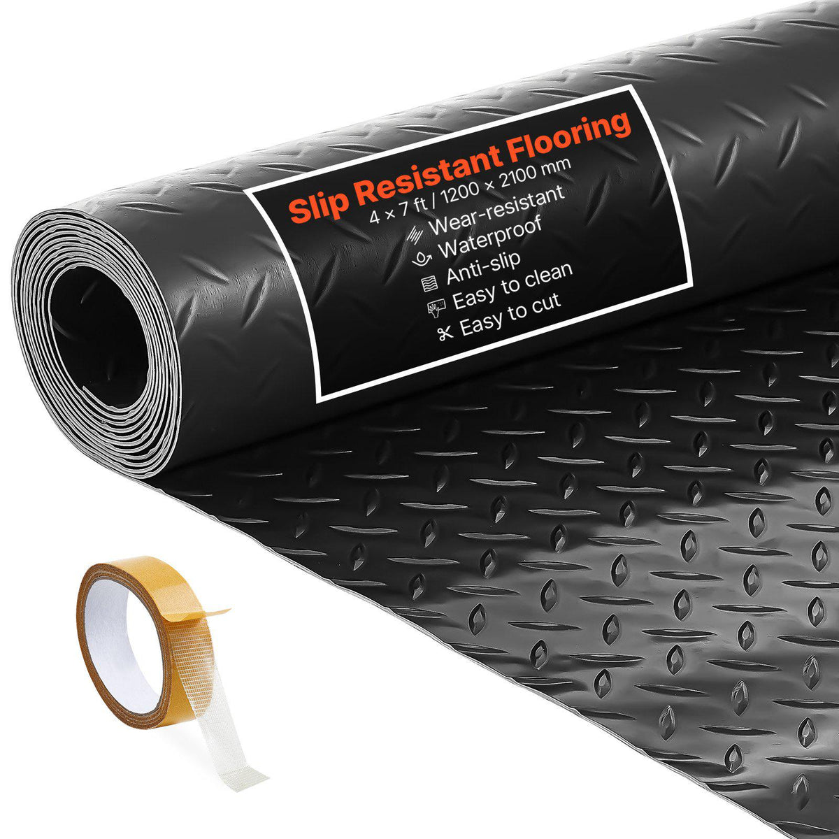 Garage Floor Roll, 4 x 7 ft Garage Flooring Mat, 2.2 mm Thickened PVC Diamond Plate Floor Protector Mat with Double-sided Tape, Non-Slip, Easy to Clean for Warehouse, Gyms, Trailer, Black
