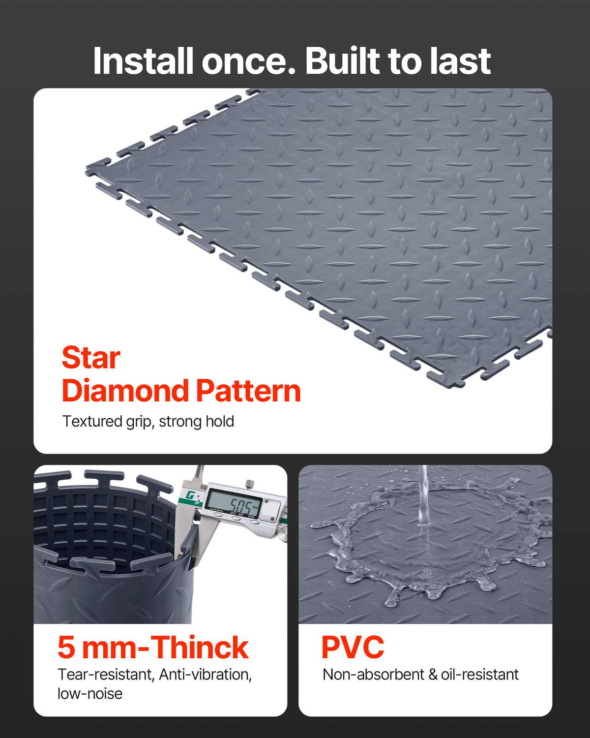 Garage Floor Tiles Interlocking, 8 Pack 20.2 x 20.2 x 0.2 in Interlocking Modular Garage Flooring Tiles, Diamond Plate Slip-Resistant PVC Mats for Workshop,Warehouse,Tool Room, Graphite Gray