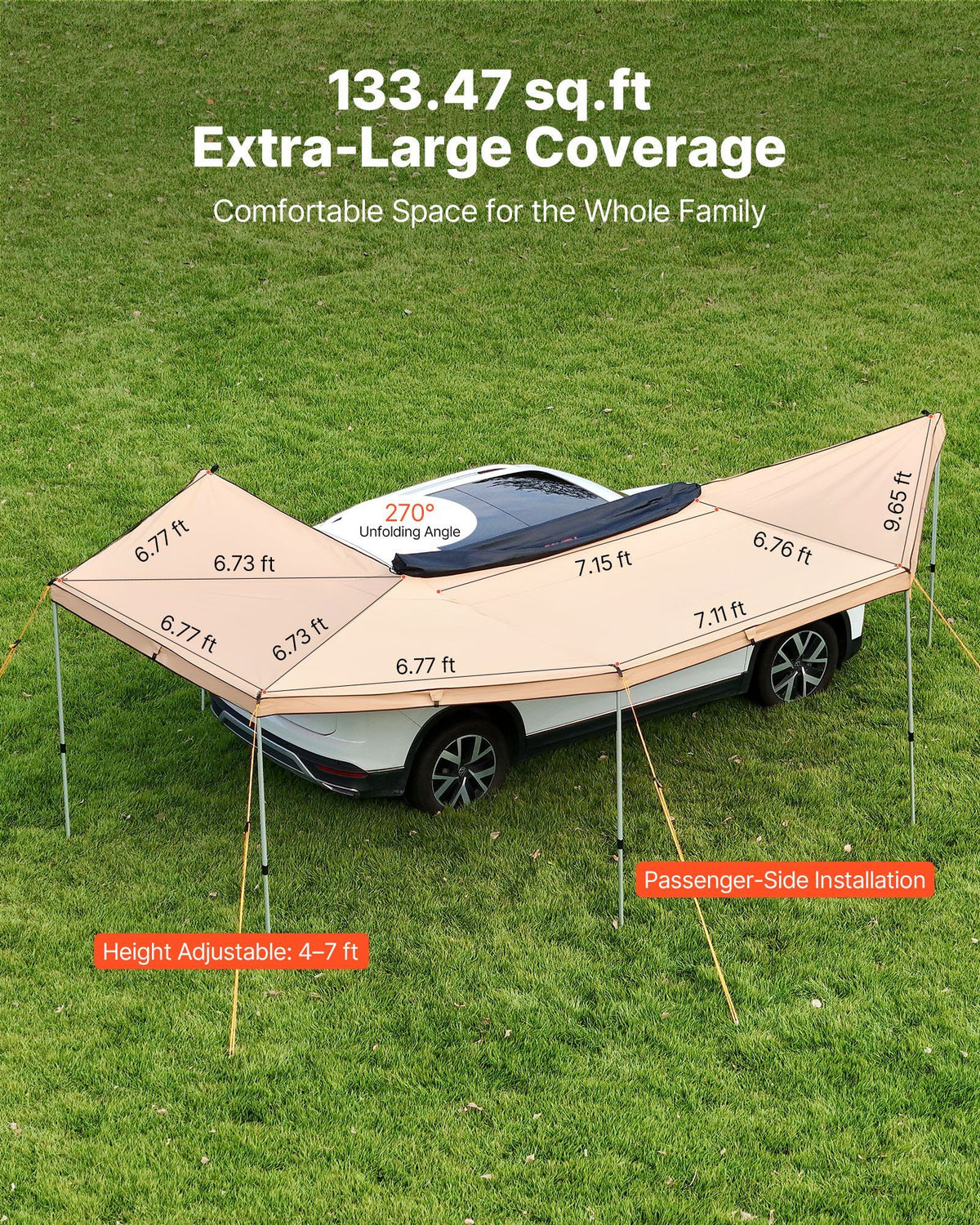 270 Degree Awning, 133 sq.ft Passenger Side Vehicle Awning, Waterproof UV50+ Car Side Awnings with Carry Bag, All-Weather Free-Standing Overland Awnings Car Shelter for SUV Van Truck Camping