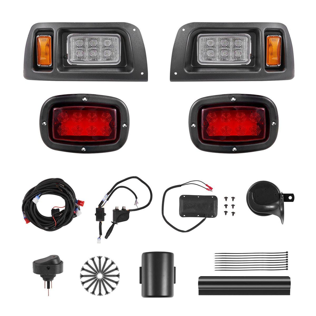 Golf Cart Light Kit, 12 Volt, Street Legal LED Headlight and Taillight Kit with Wiring Harness, Turn Signals, Hazard Light, Switch Horn, Brake Pad, Zip Ties, ABS Housing, for Club Car DS 1993-Up