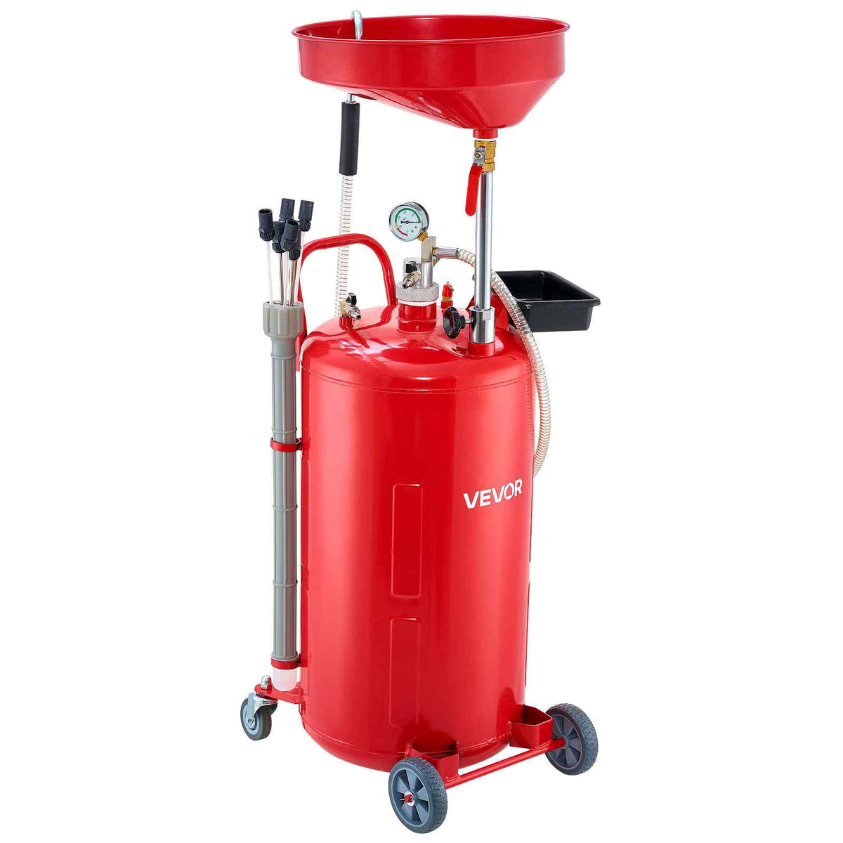 21 Gallon Waste Oil Drain Tank, Air Operated Portable Oil Drainer with Adjustable Funnel Height, Industrial Fluid Drain Tank with Wheels, Fluid Fuel Transfer Drainage for Auto Repair Shops, Red