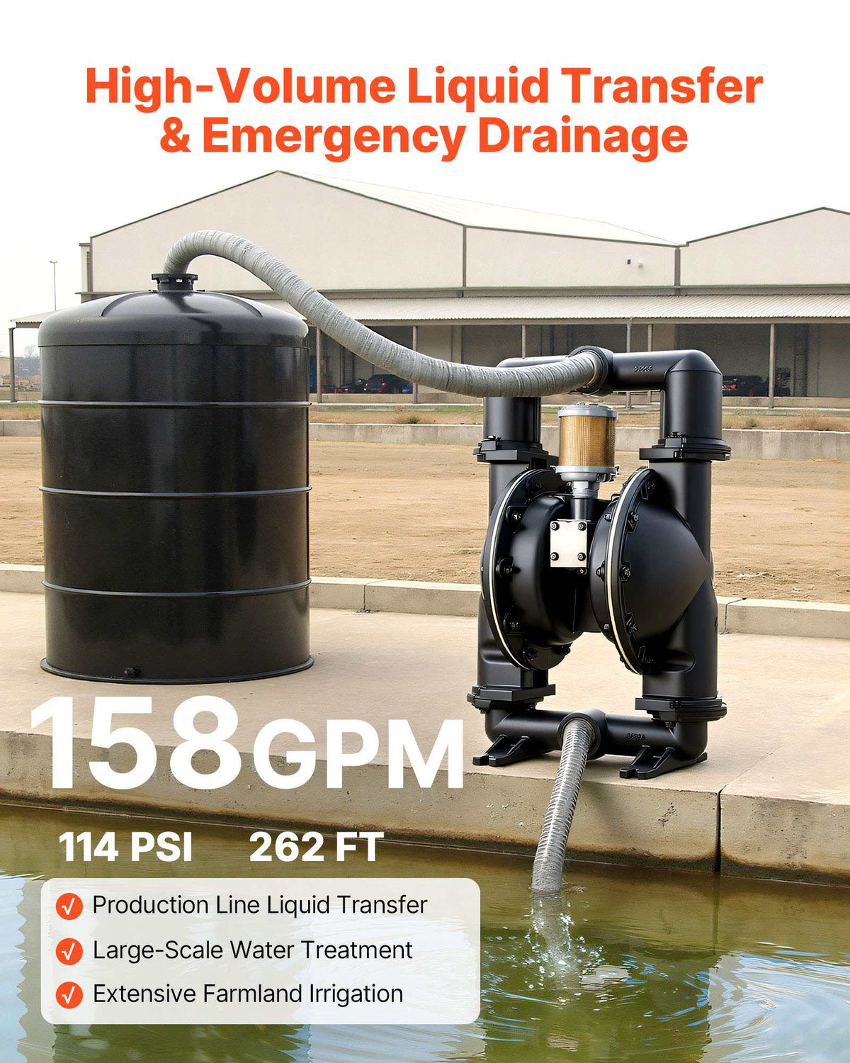 Air Operated Double Diaphragm Pump, 158 GPM, 2 inch Inlet & Outlet Pneumatic Waste Oil Transfer Pump, Max 114 PSI, Aluminum Alloy Body, Air-Operated for Diesel, Grease, Kerosene, Gasoline & Oil