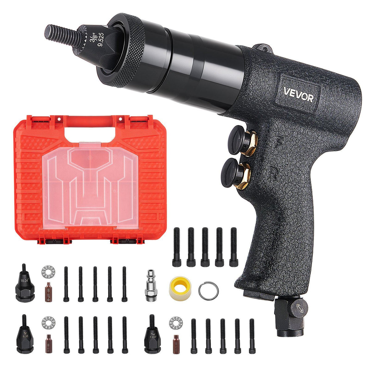Pneumatic Rivet Nut Gun Kit with 1/4" 5/16" 10/24" 3/8" Gun Heads, 20PCS Mandrels, 2500LBS Force, Forward & Reverse Switch, Air Rivet Nut Tool for Auto, Construction, Industrial Manufacturing