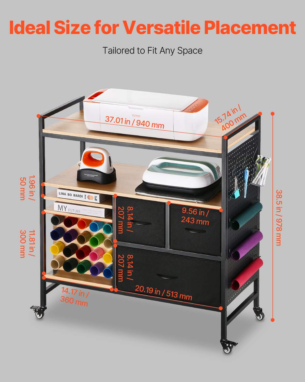 Rolling Craft Cart and Storage Table, Compatible with Cricut Machines, Crafting Table Organization Workstation, Craft Rolling Storage Organizer with 20 Vinyl Roll Holders and 3 Drawers, Black