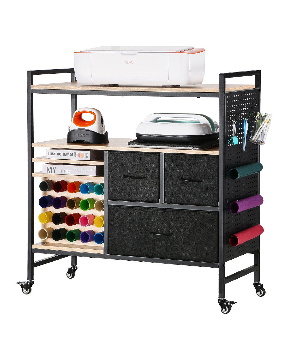 Rolling Craft Cart and Storage Table, Compatible with Cricut Machines, Crafting Table Organization Workstation, Craft Rolling Storage Organizer with 20 Vinyl Roll Holders and 3 Drawers, Black
