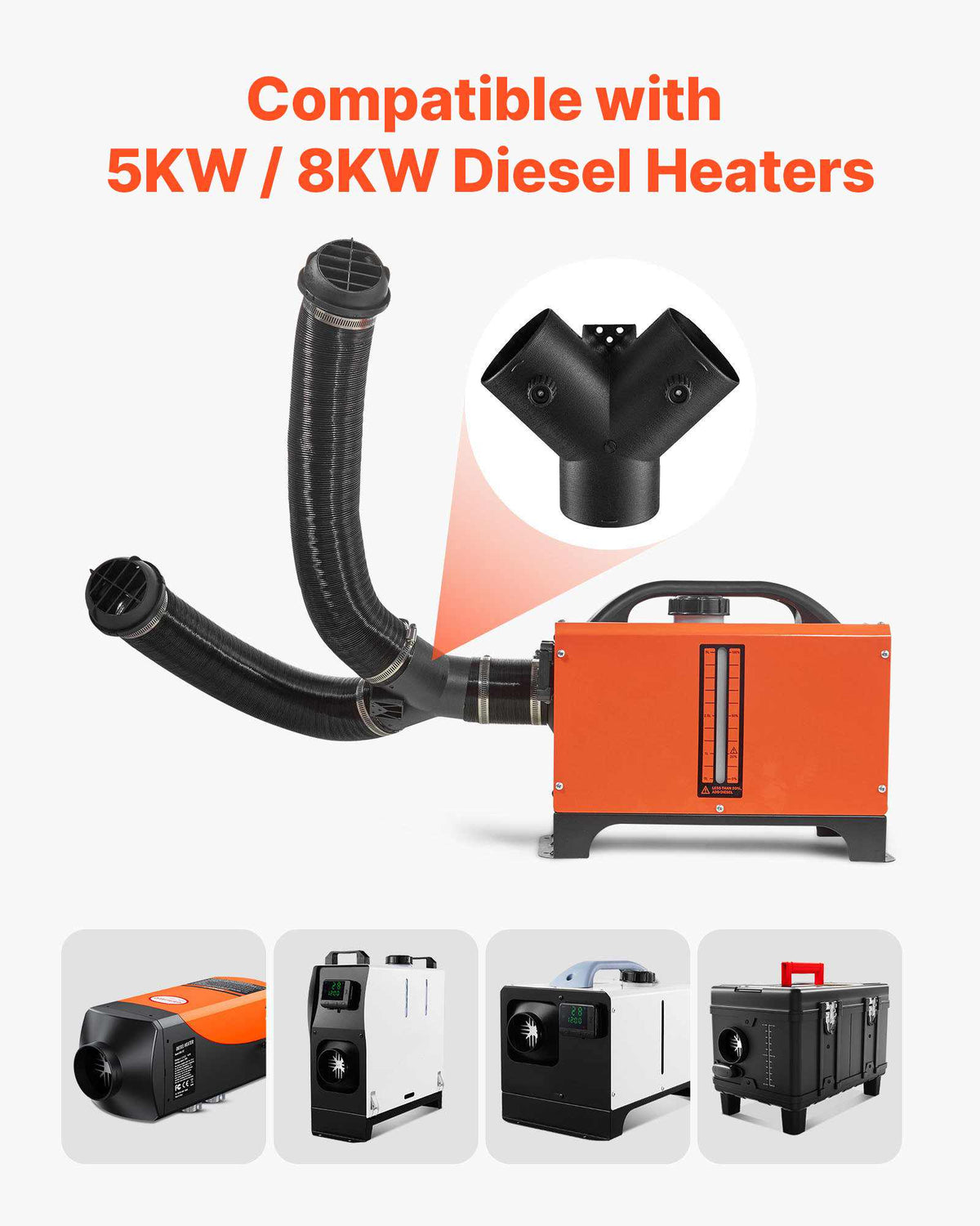 Diesel Heater Pipe Duct Vent Kit, 3-inch Heater Pipe Warm Air Outlet Vent Set with Y-Shaped Connector & Air Duct Clamps, Parking Heaters Air Ducts Vent Kit for 5KW 8KW Diesel Heaters, Black