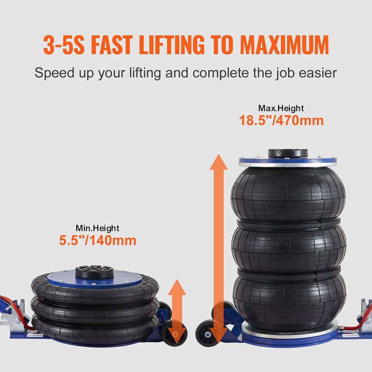 Air Jack, 5 Ton/11000 lbs Triple Bag Air Jack, Airbag Jack with Six Steel Pipes, Lift up to 18.5 inch/470 mm, 3-5 s Fast Lifting Pneumatic Jack, with Adjustable Handle for Car, Garage, Repair
