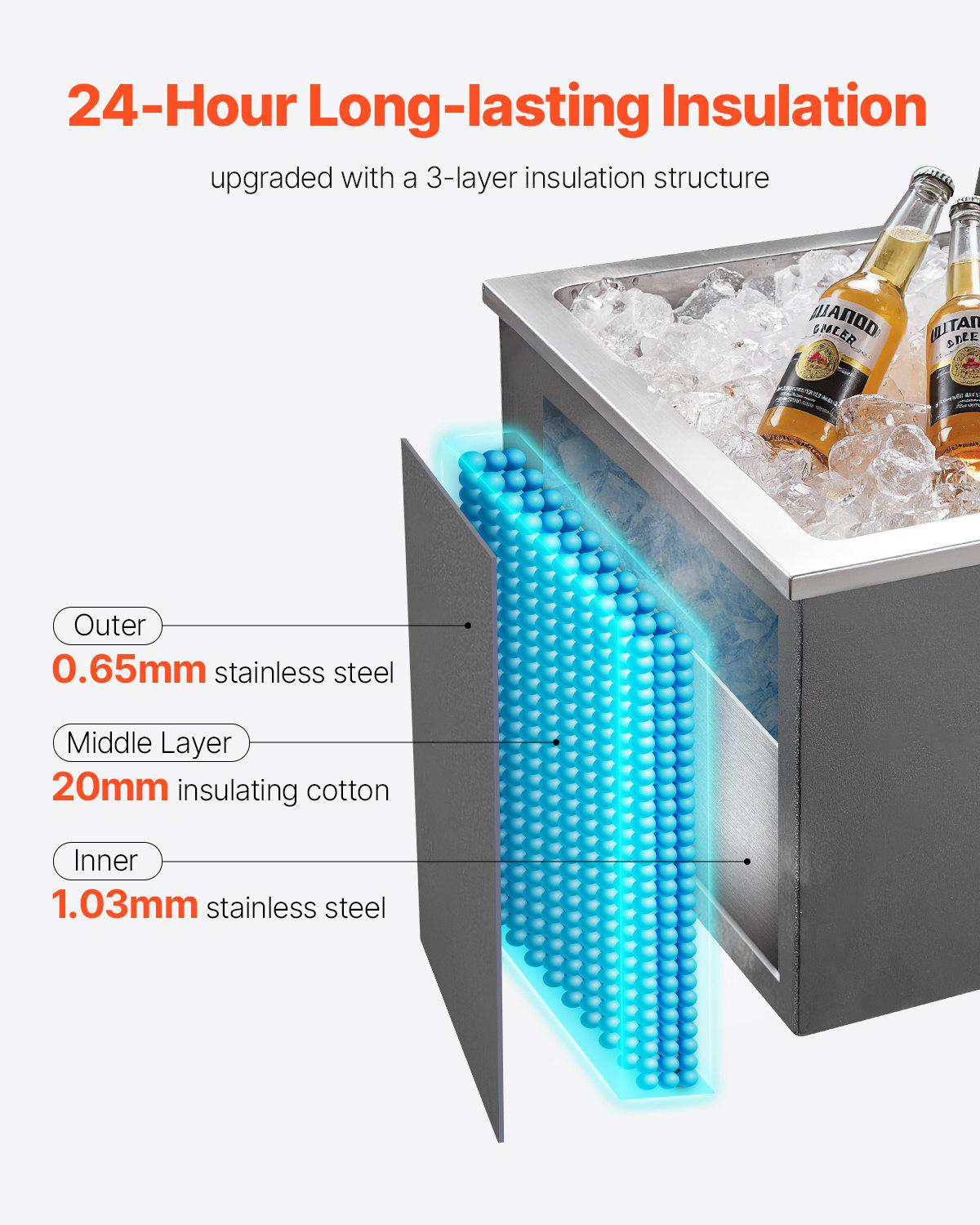 Drop in Ice Chest, 28"L x 20"W x 17"H Stainless Steel Drop in Cooler, 113.7 Quart Commercial Ice Bin with Flip Lid for Outdoor Kitchen Patio Bar, Drain-pipe Set Included, for Cold