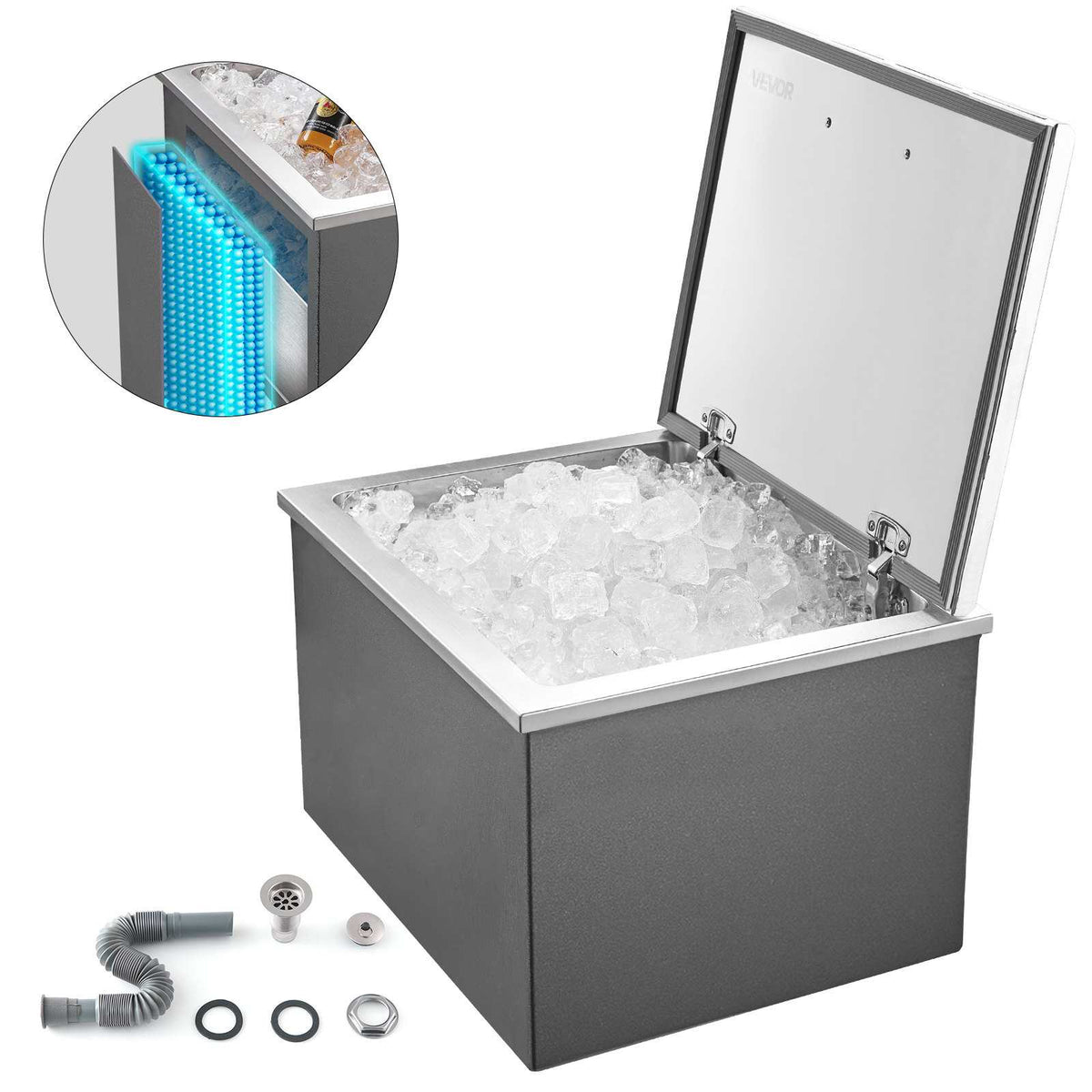 Drop in Ice Chest, 28"L x 20"W x 17"H Stainless Steel Drop in Cooler, 113.7 Quart Commercial Ice Bin with Flip Lid for Outdoor Kitchen Patio Bar, Drain-pipe Set Included, for Cold