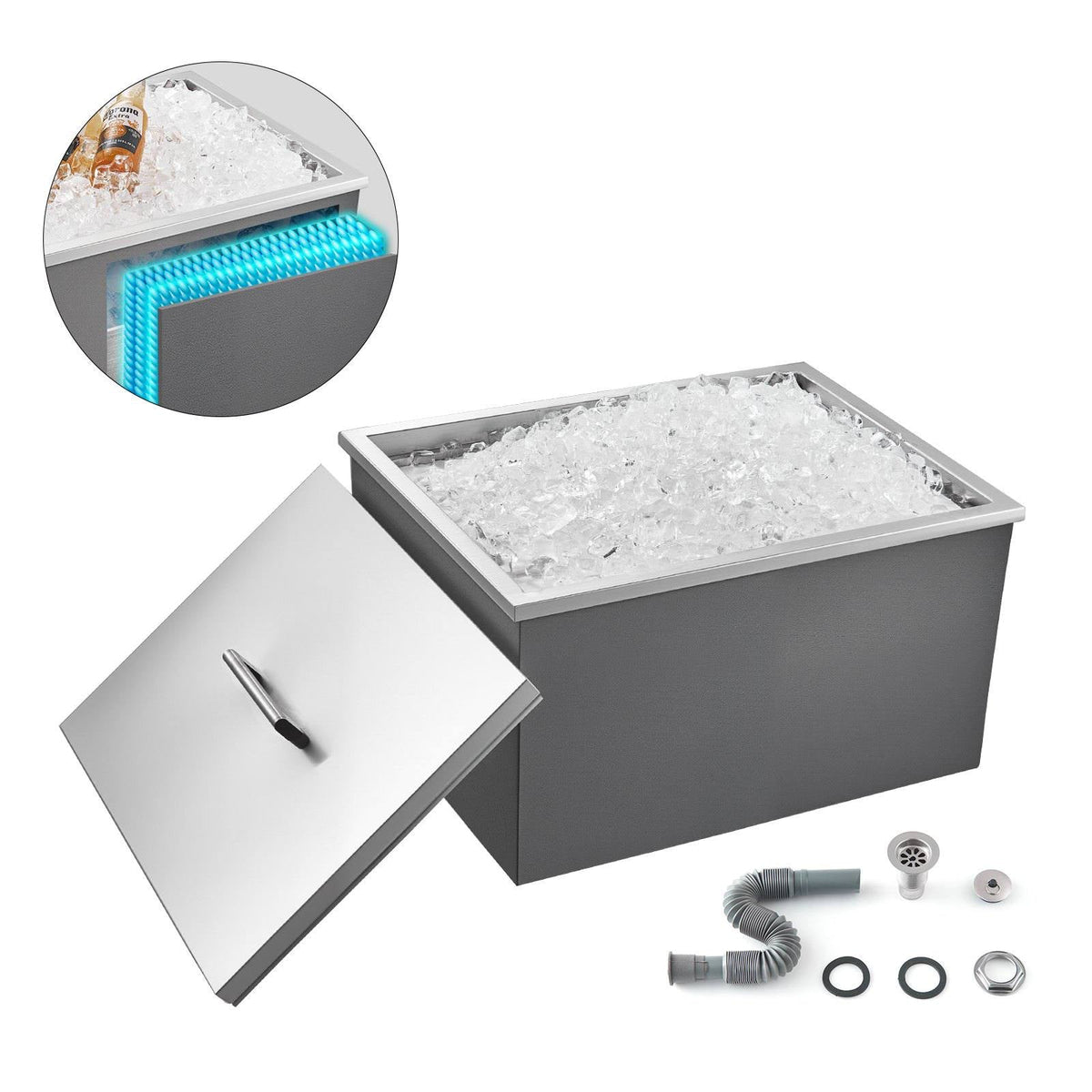 Drop in Ice Chest, 22"L x 17"W x 12"H Stainless Steel Drop in Cooler, 45.3 Quart Commercial Ice Bin with Pot Lid for Outdoor Kitchen Patio Bar, Drain-pipe Set Included, for Cold