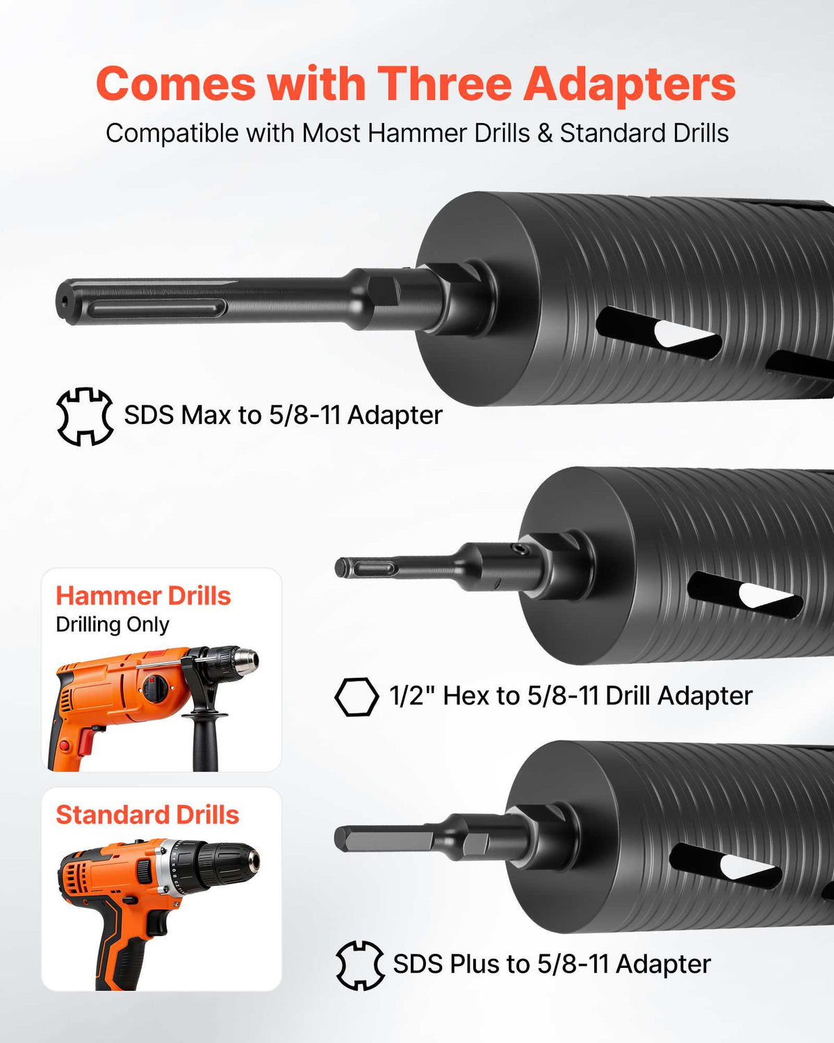 Core Drill Bit, 4-1/4 inch Diameter, 9-1/2 inch Drilling Depth, 5/8-11 Internal Thread, Diamond Dry Coring Bit with 3 Adapters, Pilot Drill and Hex Wrench, for Concrete, Red Bricks, and Masonry
