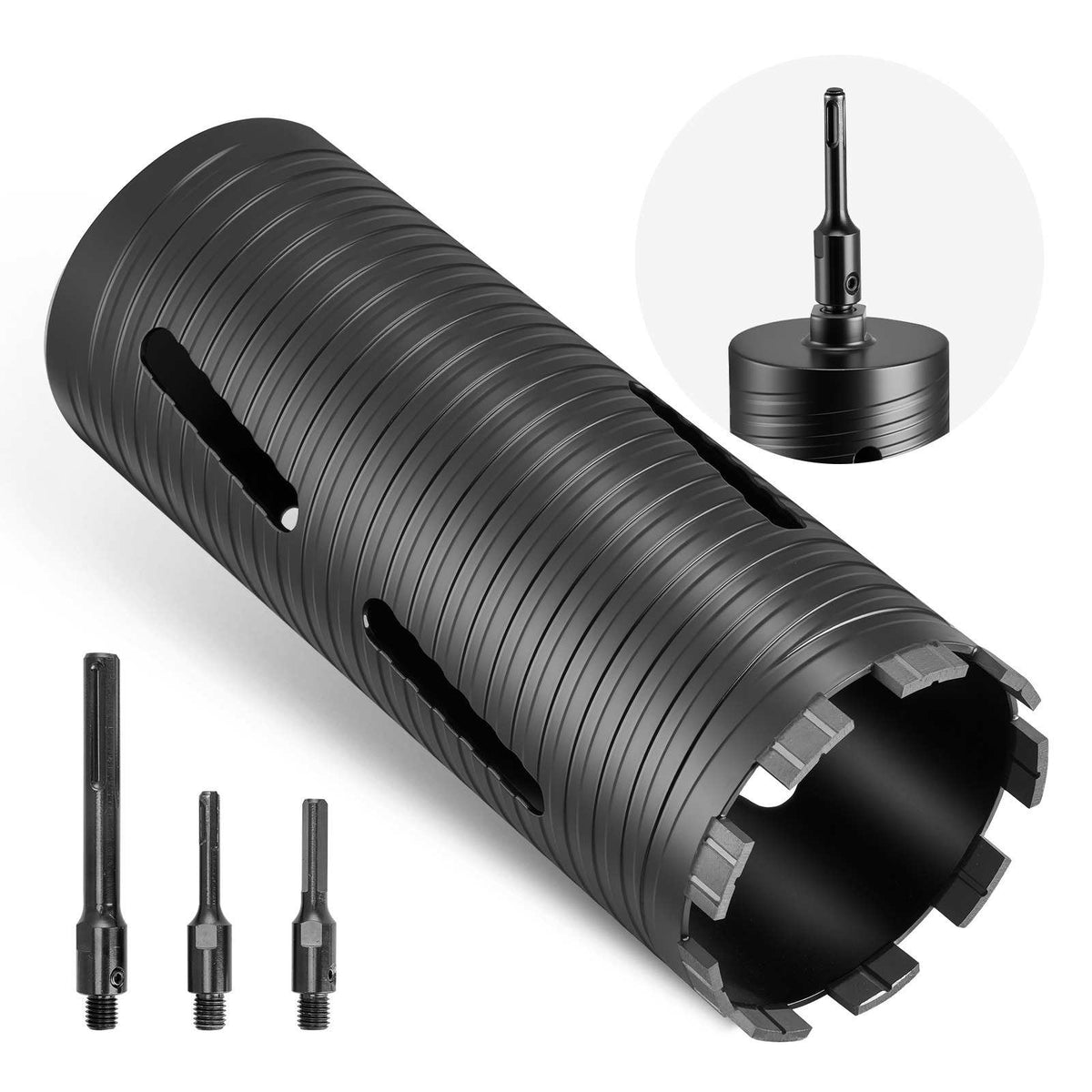 Core Drill Bit, 4-1/4 inch Diameter, 9-1/2 inch Drilling Depth, 5/8-11 Internal Thread, Diamond Dry Coring Bit with 3 Adapters, Pilot Drill and Hex Wrench, for Concrete, Red Bricks, and Masonry