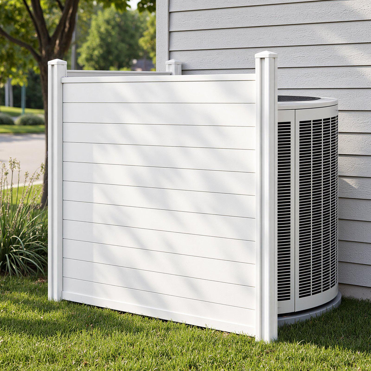 2 Panels Outdoor Privacy Screen, 50 x 50 in Air Conditioner Fence with 27.6 in Ground Stakes, Pool Equipment Enclosure, Horizontal Vinyl Privacy Fence, Ideal for Trash Can and A/C Units, White