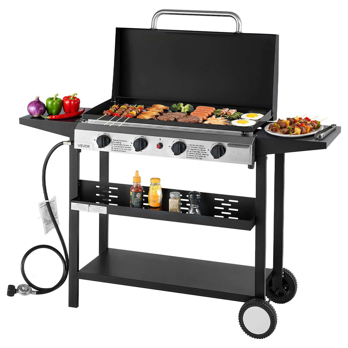 Gas Griddle, 4-Burner Flat Top Grill, 29 inch Grill Plate Propane Griddle with Wheels, Lid, 28000 BTU Outdoor Flat Top Grills for Pan-Frying, Grilling, Stir-Frying, & BBQ, Pulse Ignition
