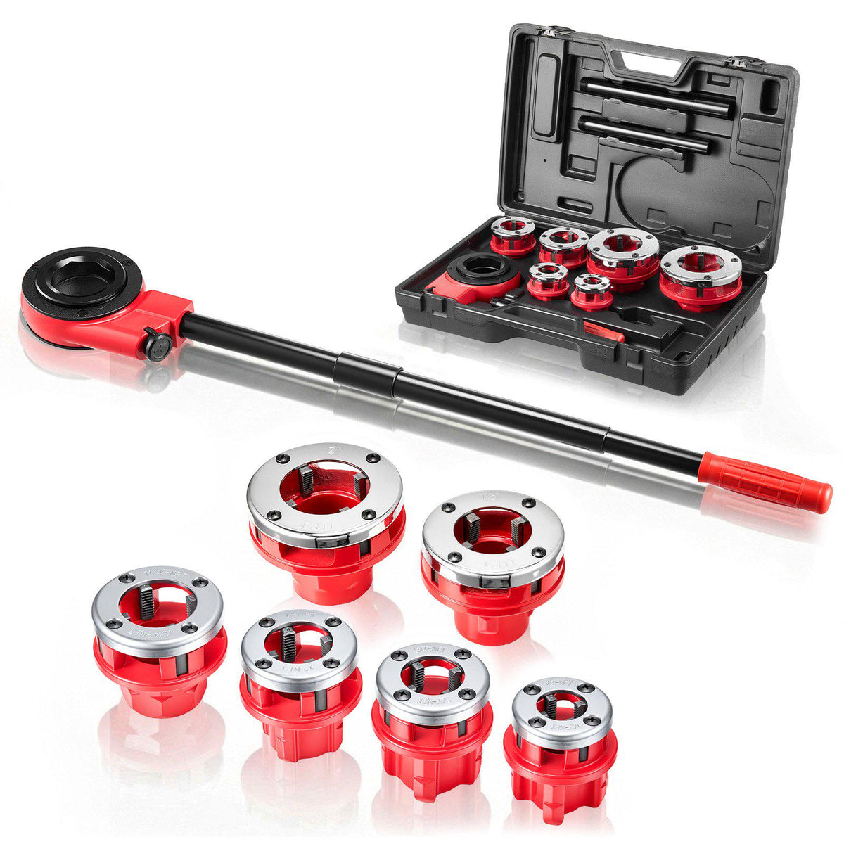 Ratchet Pipe Threader Kit with 6 Dies, 1/2" NPT to 2" NPT Manual Ratcheting Pipe Threading Tool, Portable Pipes Threader Set with Toolbox for Plumbing Installation & Repair