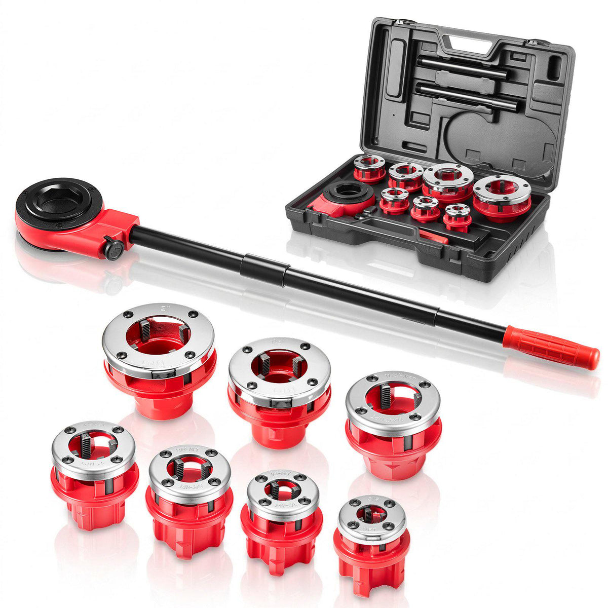 Ratchet Pipe Threader Kit with 7 Dies, 3/8" NPT to 2" NPT Manual Ratcheting Pipe Threading Tool, Portable Pipes Threader Set with Toolbox for Plumbing Installation & Repair