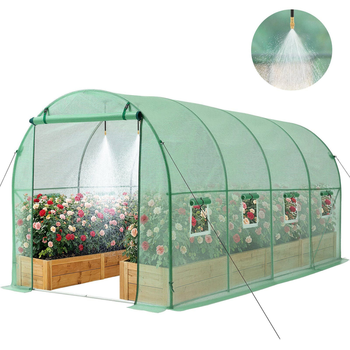 Walk-in Tunnel Greenhouse, 15 x 7 x 7 ft Hoop House Greenhouse Tunnel with Watering System, Plant Hot House with Steel Frame, PE Cover, Roll-Up Zipper Door and 8 Windows for Outdoors, Green