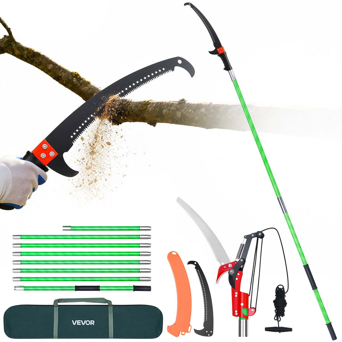 Manual Pole Saw, 3.87-27 ft Extendable Pole Tree Pruner with Scissors, Sharp 65Mn Steel Blade, Lightweight Fiberglass Handle Pole, for High Branch Trimming, Pruning Tool for Palms and Shrubs