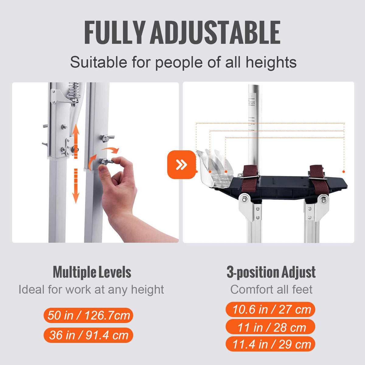 Drywall Stilts, 36''-50'' Adjustable Aluminum Tool Stilts with Protective Knee Pads, Durable and Non-slip Work Stilts for Sheetrock Painting, Walking, Taping, Silver
