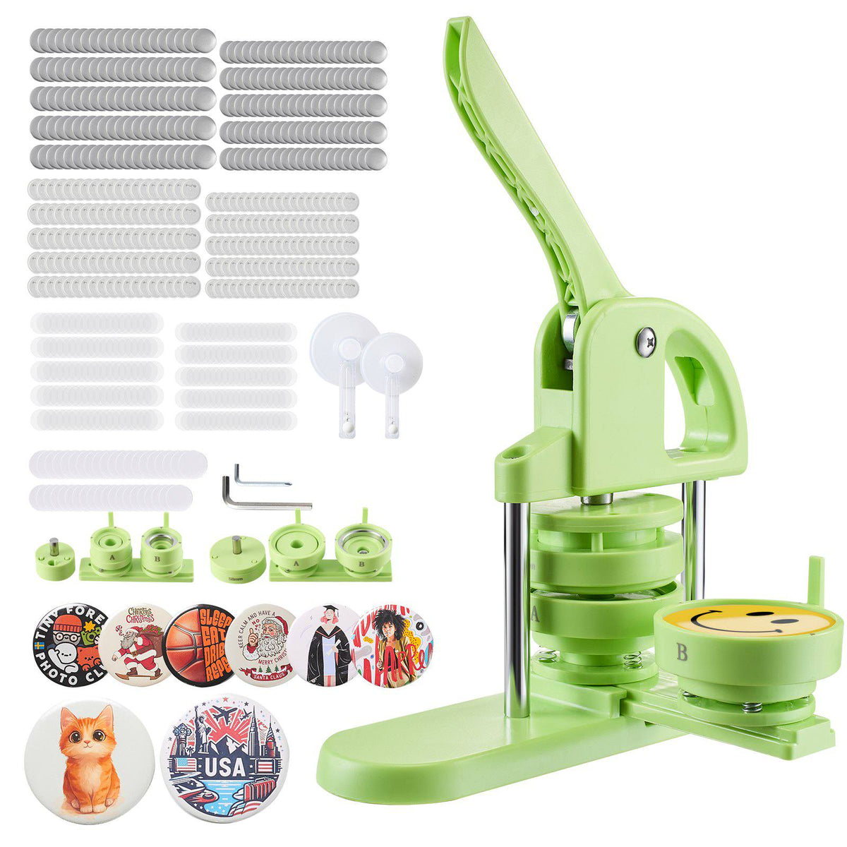 Button Maker Machine, 1.26/2.28 inch 2-in-1, Plastic Pin Maker with 200 pcs Button Parts, Circle Cutter and Magic Book, Reinforced Ergonomic Handle, for DIY Badges, Personalized Pins, Green