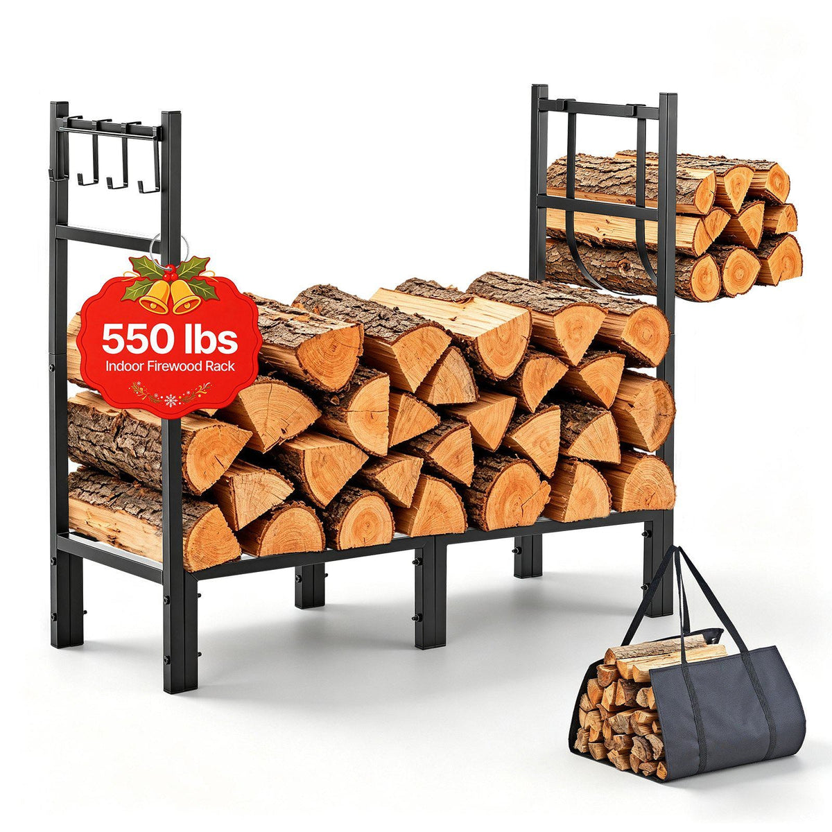 Firewood Rack 32.68 Inch Heavy Duty Indoor Fire Wood Storage Holder, for Fireplace Patio Deck, 550 lbs Load Capacity, Stacker Stand with Log Carrier Bag, Metal Wood Pile Organizer Tool, Black