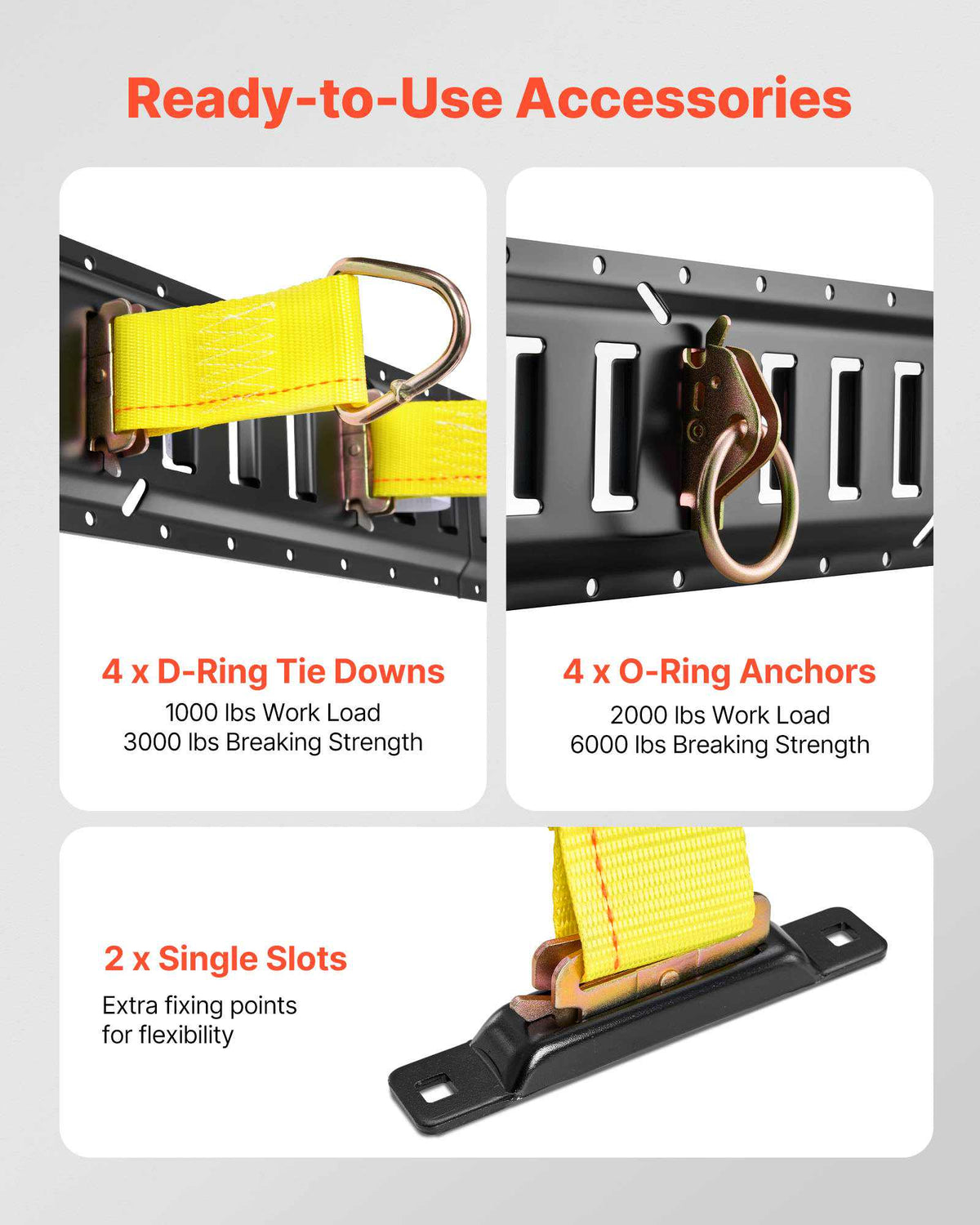 E-Track Tie-Down Rail Kit, 4 Pack 1.3 ft E Tracks Set, 21 Pcs Includes 2 Ratchet Straps & 4 O-Rings & 4 Tie-Offs with D-Ring & 2 Single Slots & 8 End Caps & 1 Bag, Fit for Garages Vans Trailers