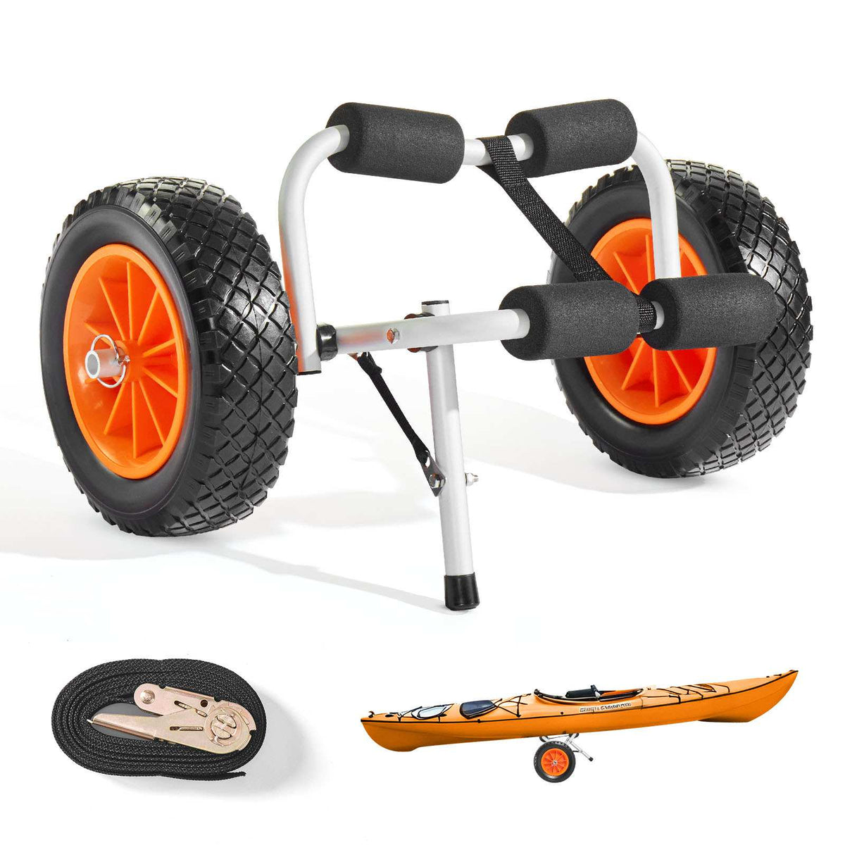 Kayak Cart, 200 lbs Load Capacity, Foldable Kayak Trolley with 10-inch Solid Rubber Tires & 1 Ratchet Strap, Paddle Board Trolley for Carrying Kayaks, Canoes, Paddleboards, Float Mats, Jon Boats
