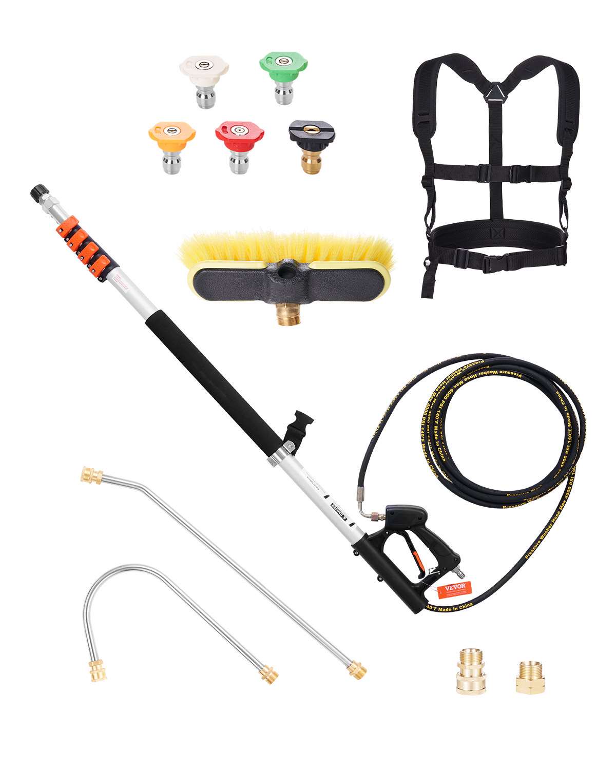 Pressure Washer Telescoping Wand, 18 ft, 4000 psi, Telescopic Spray Wand with Power Washer Extension Wands, Gutter Cleaner, Brush Head, 5 Spray Nozzle Tips, Adapter and Adjustable Support Belt