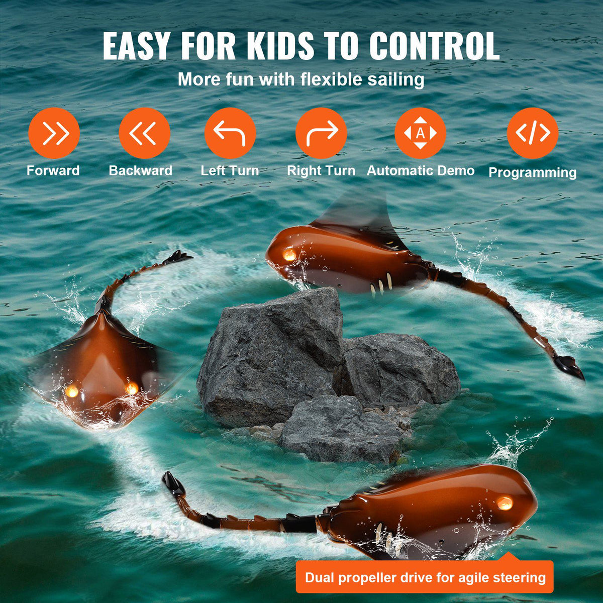 Remote Control Manta Ray Toy, 2.4GHz High Simulation Robot Manta Ray with Light, 2 Rechargeable Batteries, for Pool, Bathtub or Lake, Swimming RC Boat Toy for 6+ Year Old Boys and Girls Gift