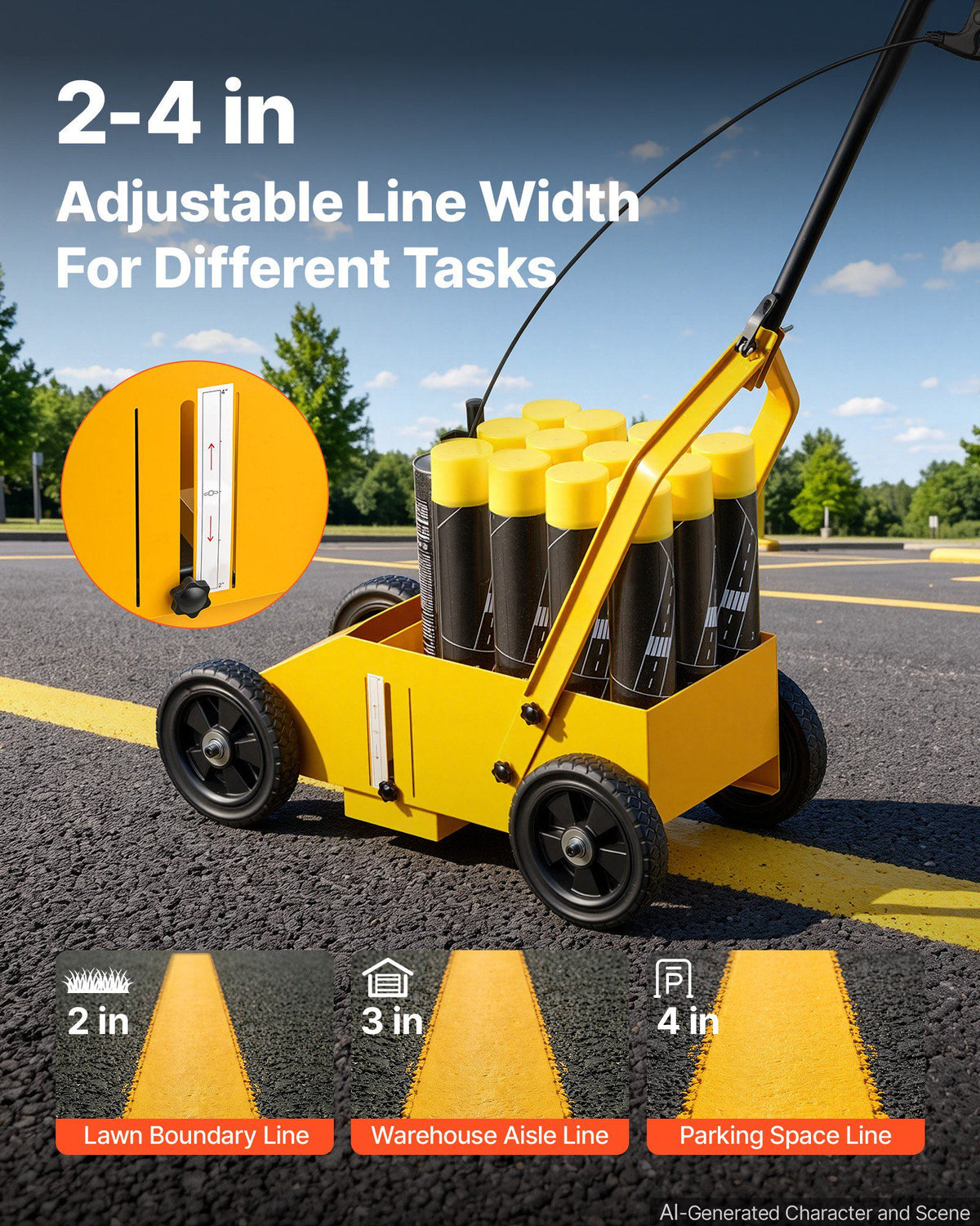 Striping Line Marking Machine 12-Can Capacity Yellow with 4 Wheels, Parking Lot Striping Machine, 2 to 4 in Adjustable Line Width, Heavy Duty, Fast and Accurate Marking, with Adapter Nozzle