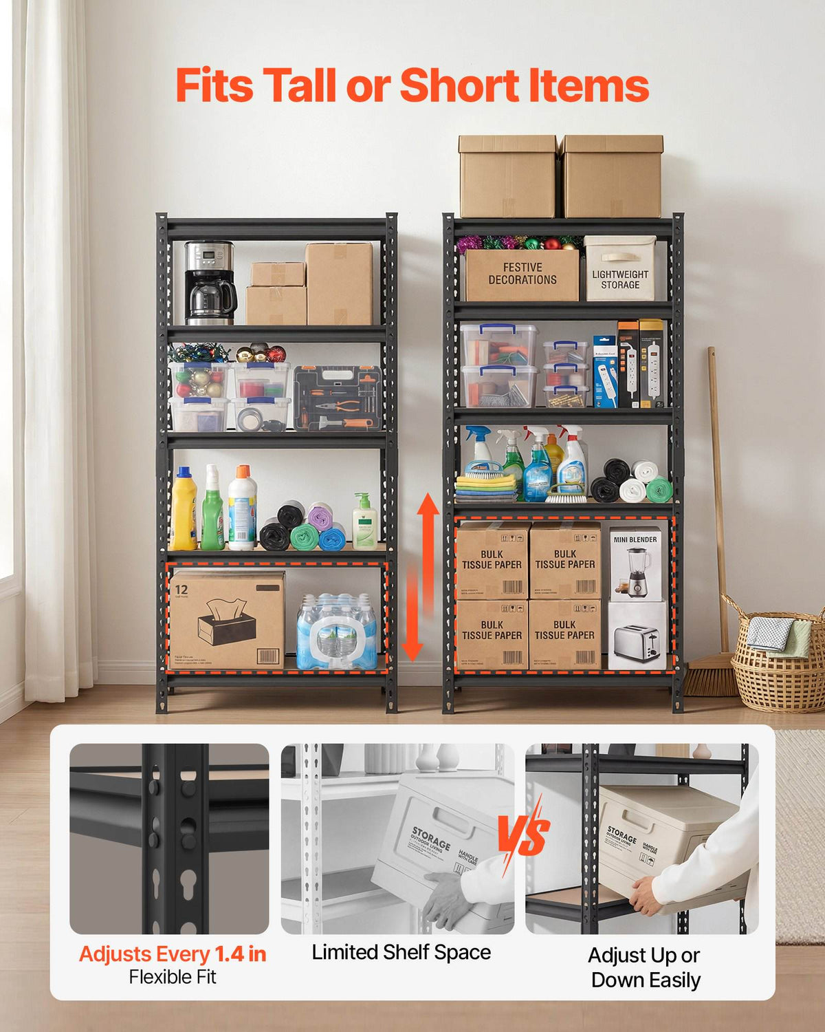 Storage Shelves, 5-Tier Adjustable, 2000 lbs Capacity, Heavy Duty Garage Storage Shelving Unit, Metal Utility Rack Shelf, for Kitchen Pantry Basement Bathroom, 29.88" W x 12.17" D x 59.84" H