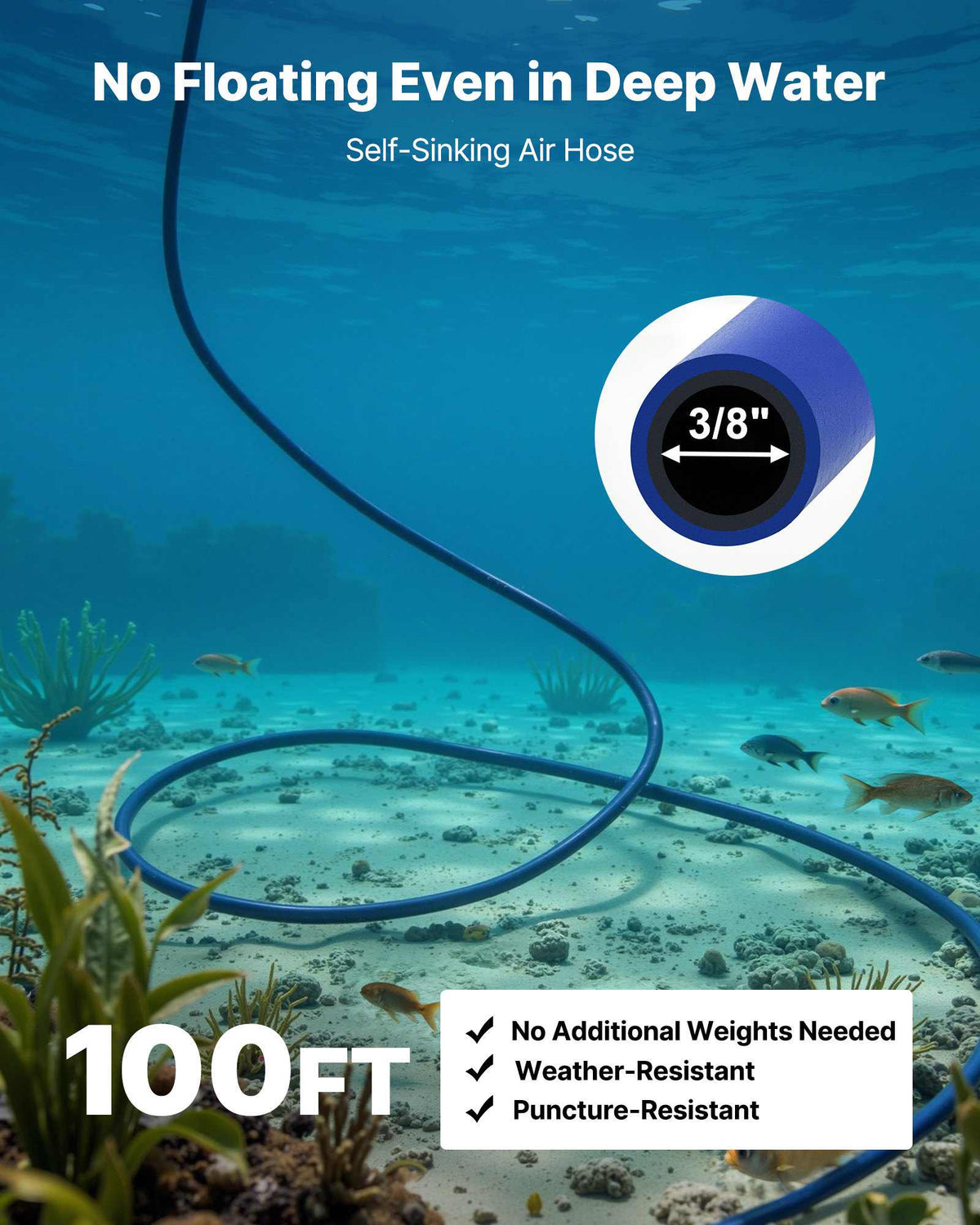 Pond Aerator Air Diffuser & 3/8 in Self Sinking Aeration Hose Kit, 8in Silicone Lake Aeration Diffuser with 100ft Flexible Pond Aerator Hose Kit for Ponds Lakes Water Gardens