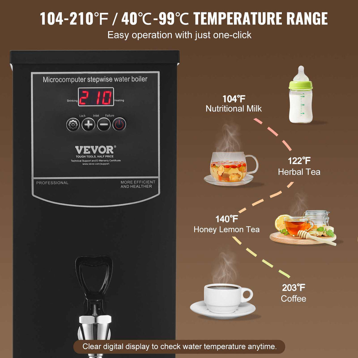 Commercial Water Boiler, Electric Hot Water Dispenser with 316 Stainless Steel Heating Tube, 1500W Step-by-step Fast Heating 50L per Hour Hot Water Boiler, for Coffee Tea Restaurant Office