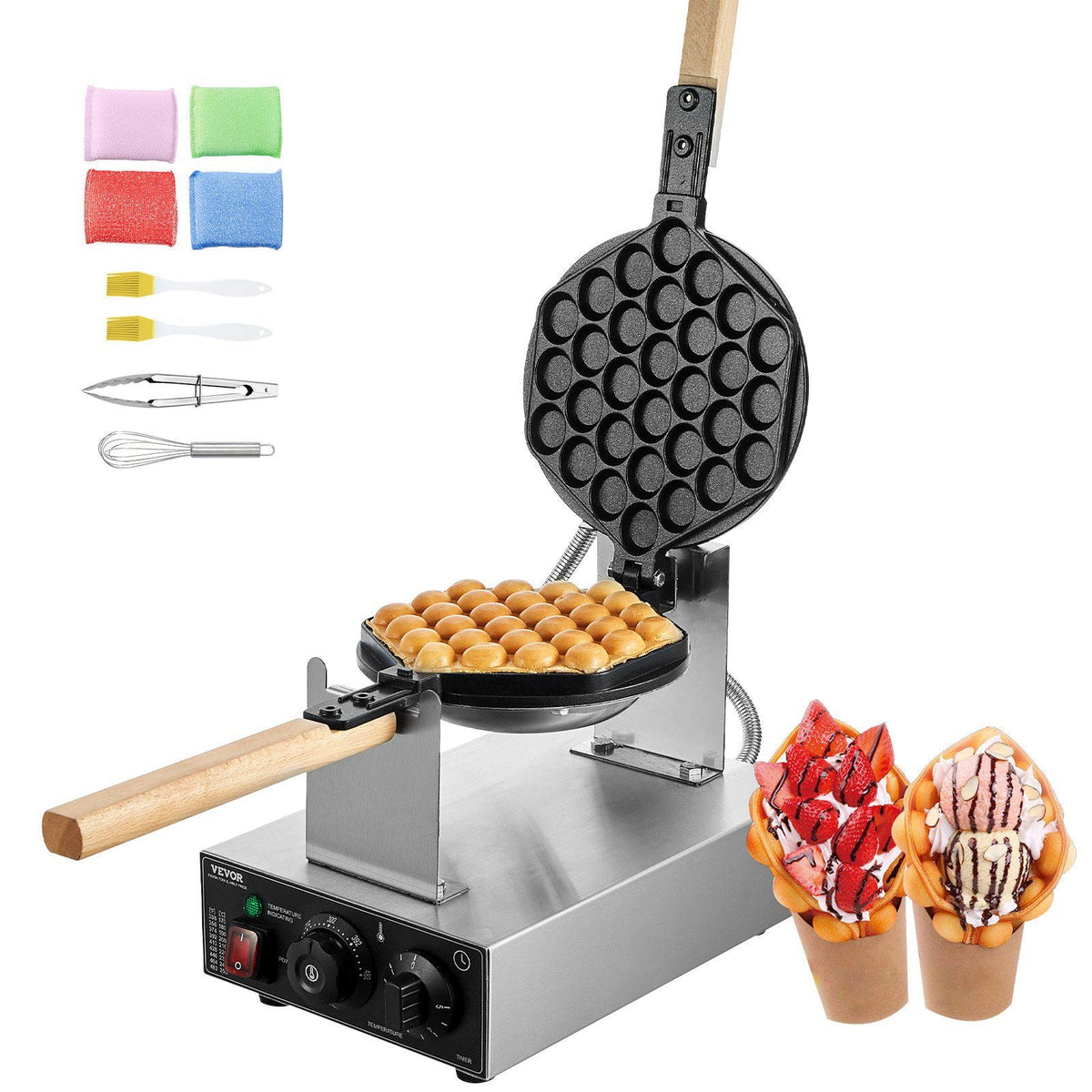 Commercial Bubble Waffle Maker, 1400W Egg Pancake Baker Machine, Non-Stick Stainless Steel Egg Bubble Puff, 180° Rotatable, Temp and Time Control, Wooden Handle, for Restaurant Bakery Snack Bar