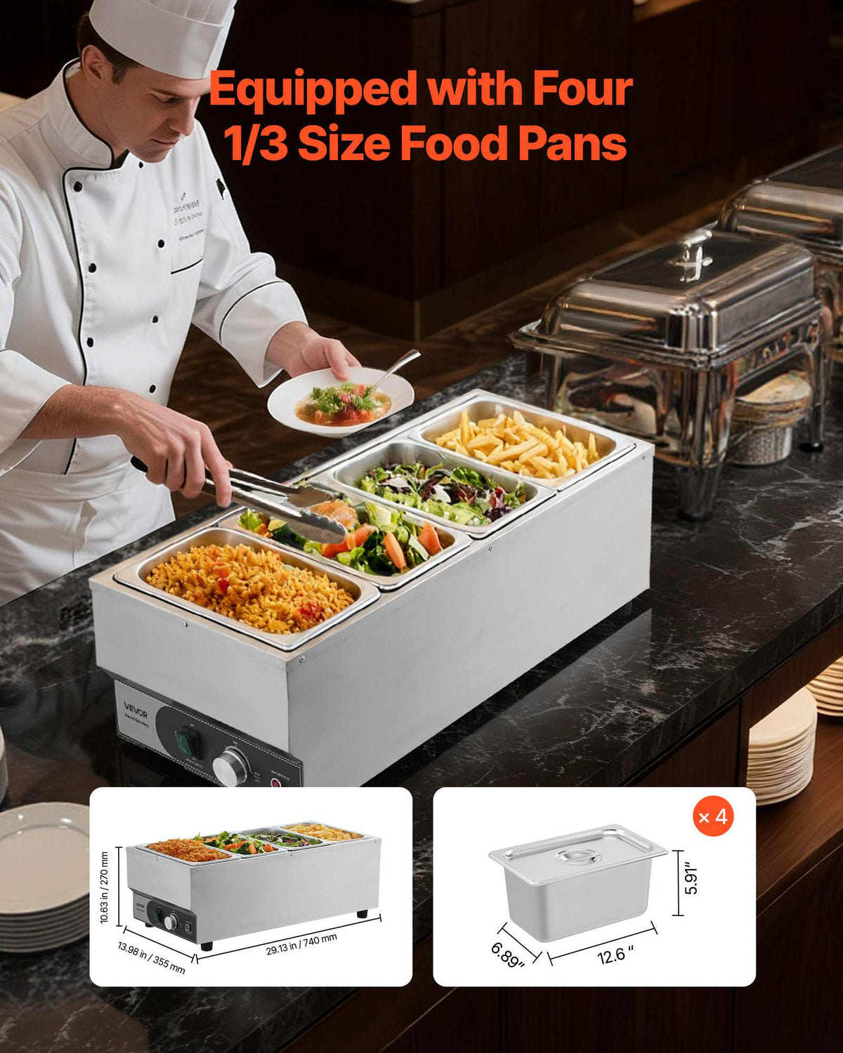 Commercial Food Warmer, 1500W Electric Stainless Steel Steam Food Warmer, Fast Heating Countertop Buffet Bain Marie with Four 1/3 Size Food Pans, for Catering, Restaurants, Parties & Buffets