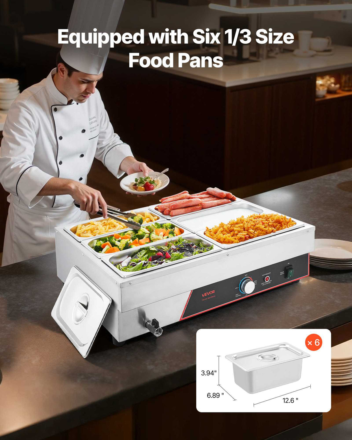 Commercial Food Warmer, 1500W Electric Stainless Steel Steam Food Warming with Lid, 6-Pan Fast Heating Countertop Buffet Bain Marie with Power Cord, for Catering, Restaurant, Party & Buffets