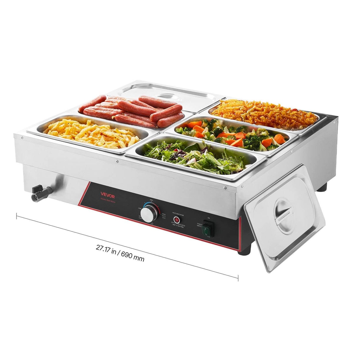 Commercial Food Warmer, 1500W Electric Stainless Steel Steam Food Warming with Lid, 6-Pan Fast Heating Countertop Buffet Bain Marie with Power Cord, for Catering, Restaurant, Party & Buffets