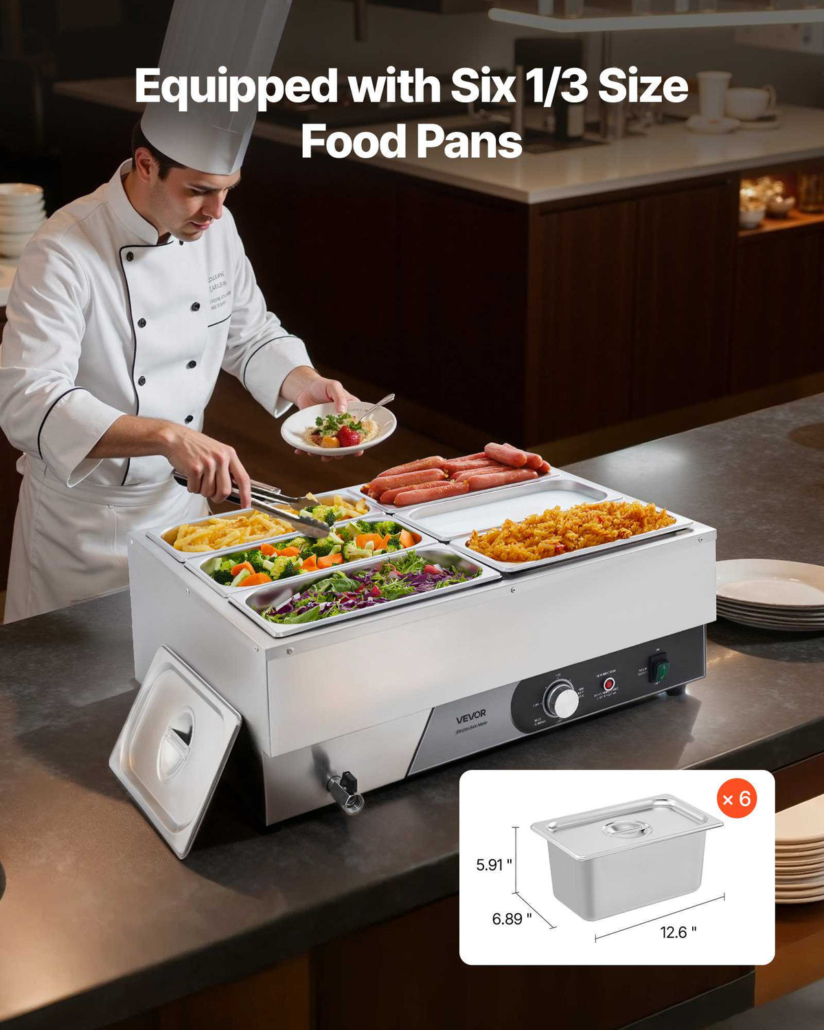 Commercial Food Warmer, 1500W Electric Stainless Steel Steam Food Warming with Lid, Fast Heating Countertop Buffet Bain Marie with Six 1/3 Size Food Pans, for Catering, Restaurant and Party