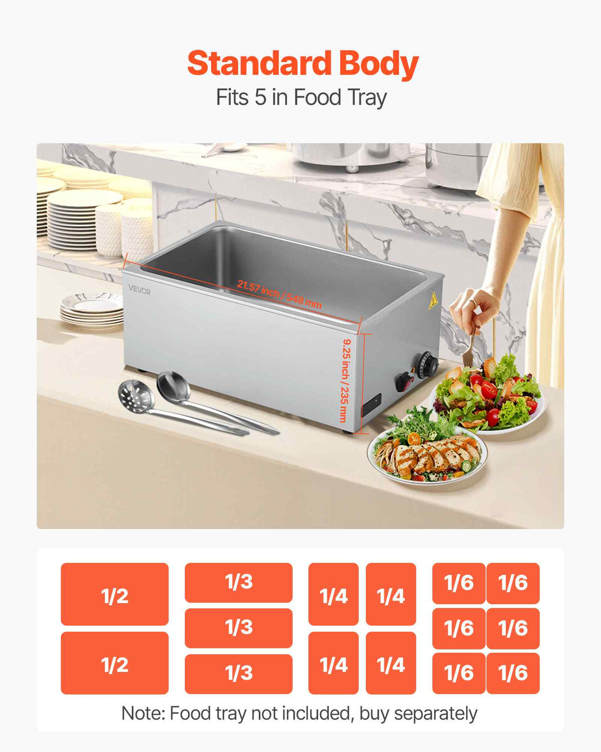 Commercial Food Warmer, 1200W Electric Stainless Steel Steam Food Warmer, Fast Heating Countertop Buffet Bain Marie with Soup & Perforated Ladles, for Catering, Restaurants, Parties, Buffets