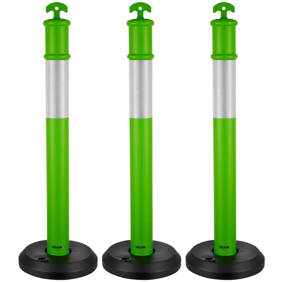 3 Pack Traffic Delineator Posts, 48 inches Traffic Safety Cones with Fillable Base and Reflective Strips, Heavy Duty Delineator Posts for Construction Site, Parking Lot, Crowd Control, Green