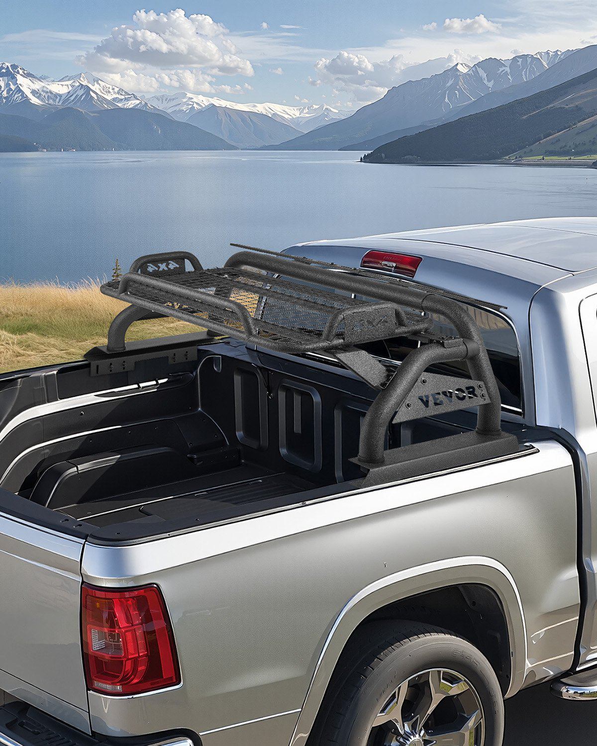 Truck Bed Roll Bar, Universal Adjustable Sport Bar Chase Rack, with Luggage Rack for Full-Size Pickup, Carbon Steel Construction with Extension Light Bracket, Rust-resistant Coating