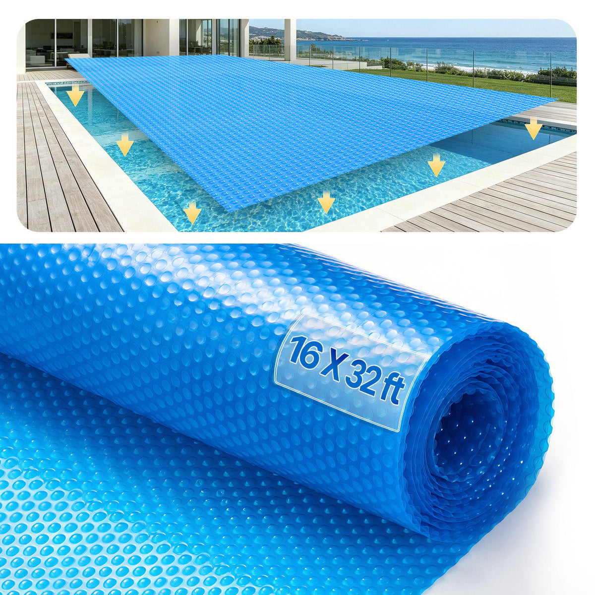 Solar Pool Cover, 32 x 16 ft Rectangle Solar Blanket for Pools, Inground Above Ground Swimming Pool Solar Cover, 16 mil Solar Covers Blue