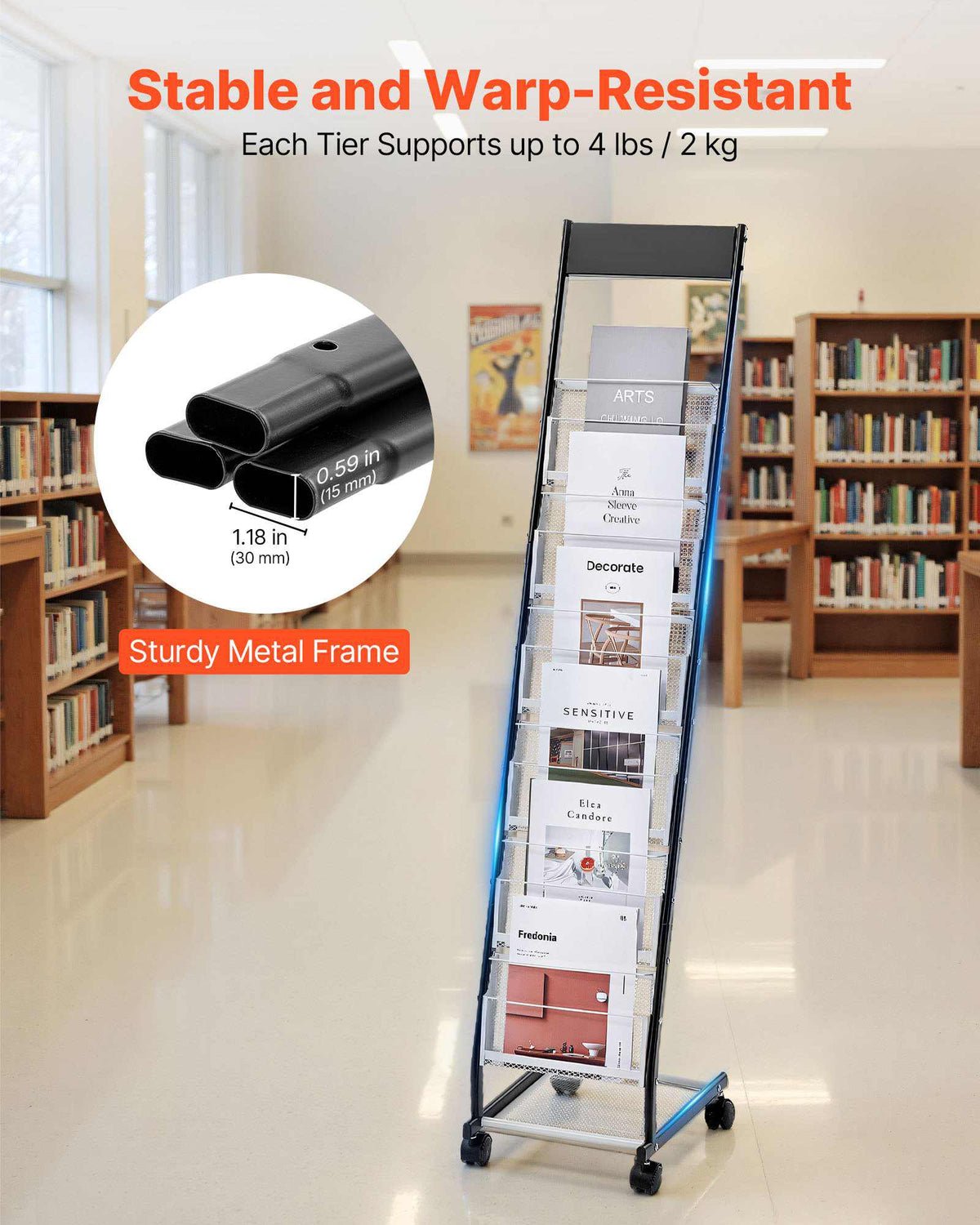 Brochure Display Rack, Narrow 6-Tier Magazine Literature Display Stand with Wheels, Metal Floor Standing Magazine Rack, Movable Newspaper Catalog Holders for Shop Exhibitions Office (6 Pockets)