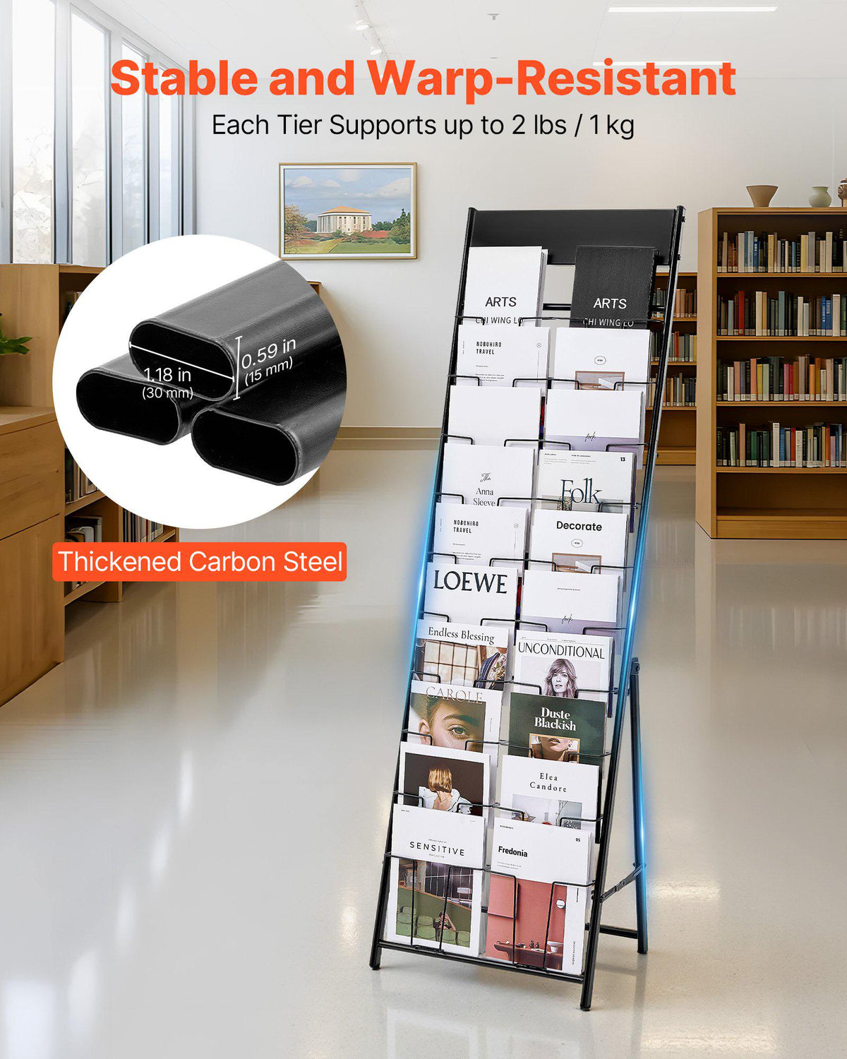 Brochure Display Rack, 20 Pockets Magazine Literature Display Stand, Portable Floor Standing Magazine Rack, Metal Newspaper Catalog Holders for Shop, Exhibitions, Office, Trade Show, Black