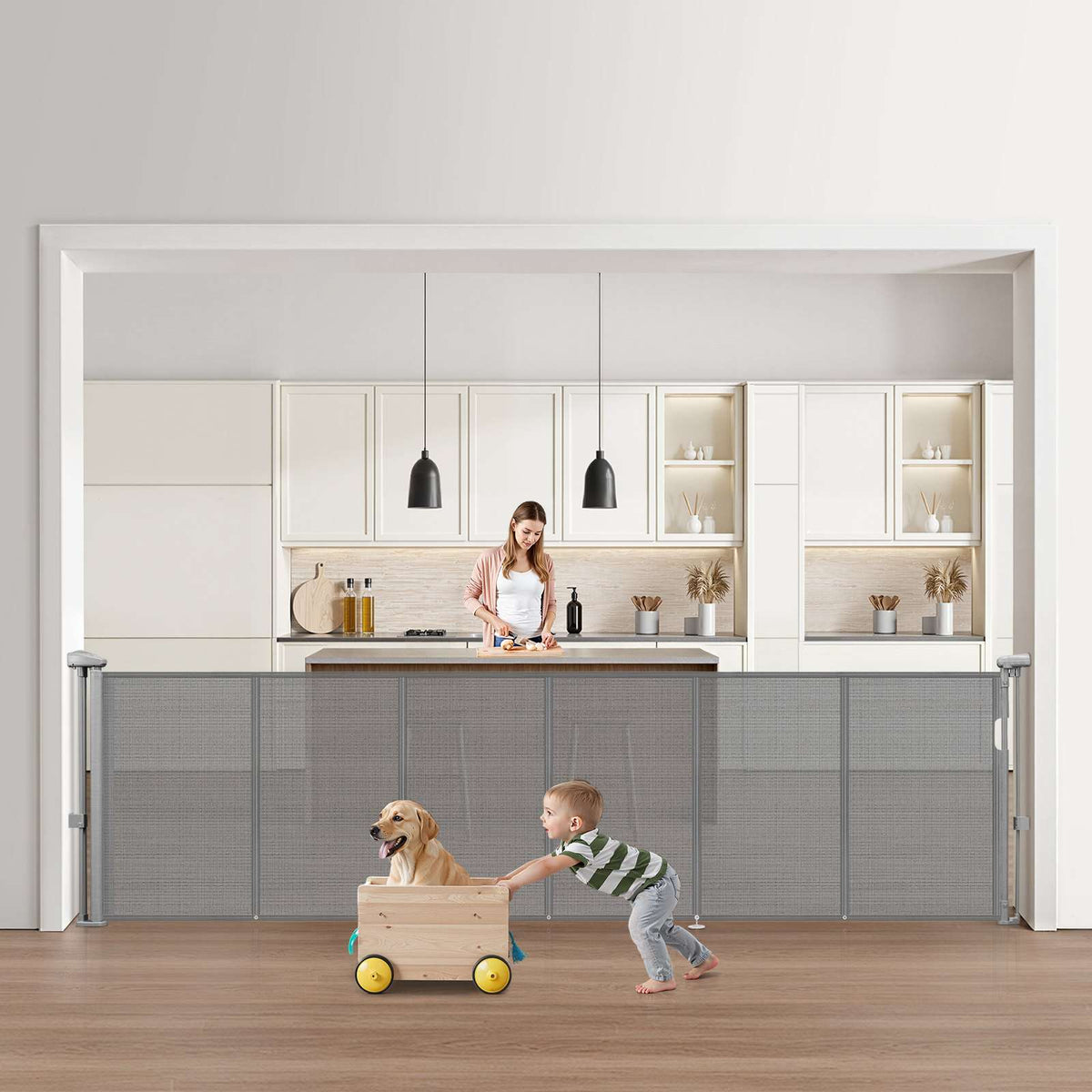 Retractable Baby Gate, 34 inch Tall, Extends up to 110 inch Wide, Retractable Gate for Kids or Pets, Mesh Material, Easy to Install for Indoor Stairs, Doorways, Hallways, Playrooms, Gray