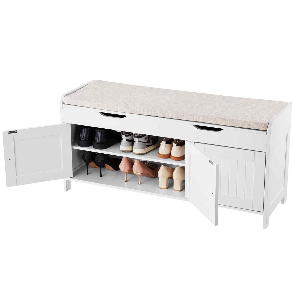 Shoe Bench, 41.3 x 13.8 x 19.8 Inch Entryway Bench with Lift Top Storage and Seat Cushion, 250lbs Shoe Rack with 3 Cabinets and Height Adjustable Shelf, for Bedroom, Hallway, White + Black