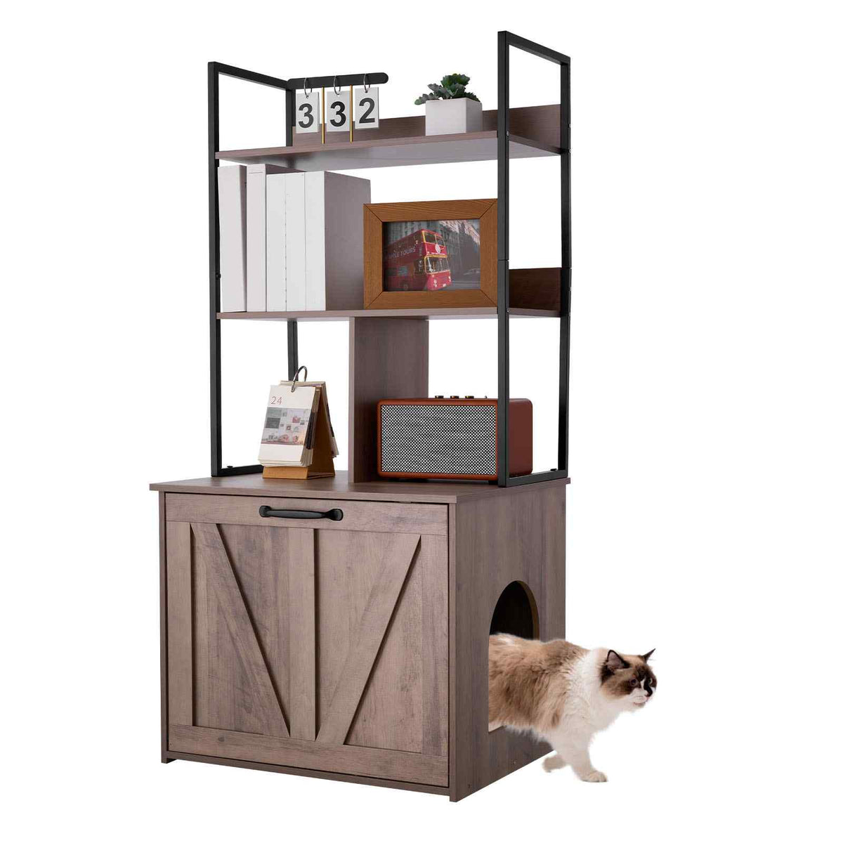 Cat Litter Box Enclosure Furniture, 23.6 in Hidden Litter Box Cabinet with Storage Shelves, Modern Style, Waterproof Cat Washroom Side Table Cat House, Fit Most of Litterbox, for Living Room