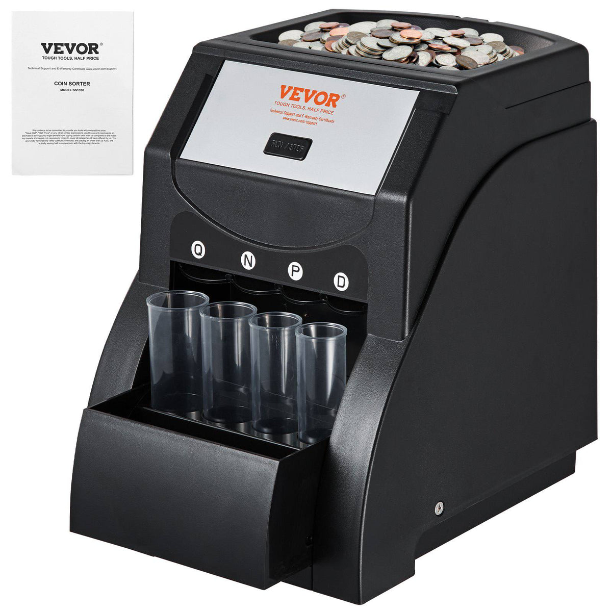 USD Coin Sorter, Coin Sorter Machine for USD Coin 1￠ 5￠ 10￠ 25￠, Sorts up to 230 Coins/min, Coin Sorter and Wrapper Machine Holds 200 Coins Included 4 Coin Tubes, Black