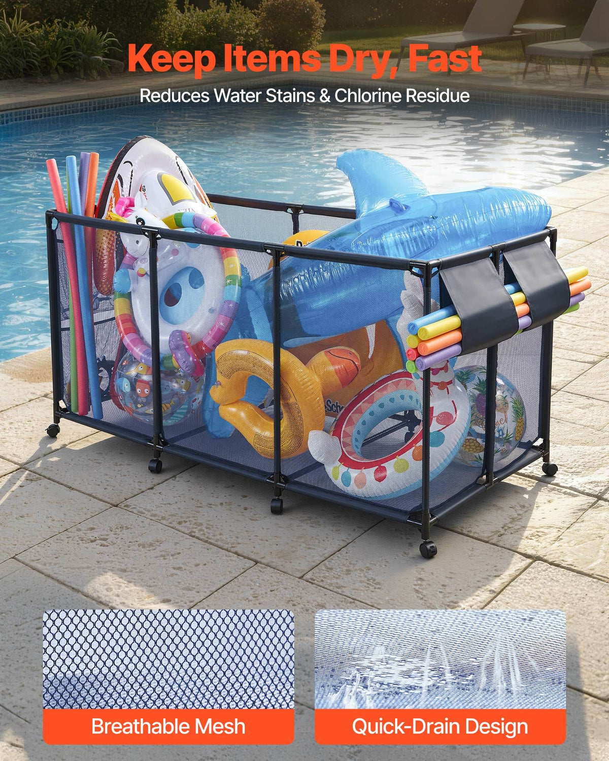 Pool Storage Bin, 69 x 32 x 35 in, Rolling Pool Float Storage Organizer with Side Pockets & Noodles Holder, Durable Metal Frame, Poolside Toys Breathable Mesh Basket for Swimming Pools